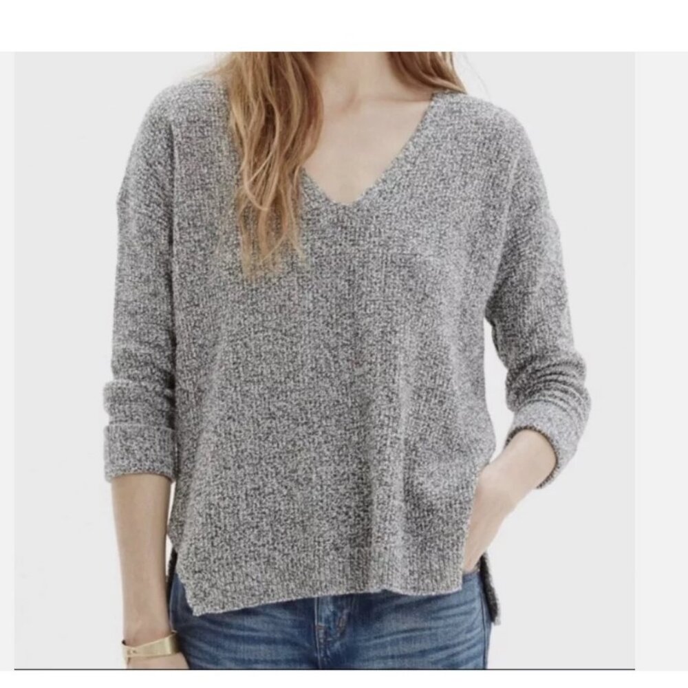 Madewell Oceanside Sweater Gray Knit Vneck High Low Hem Sz XS